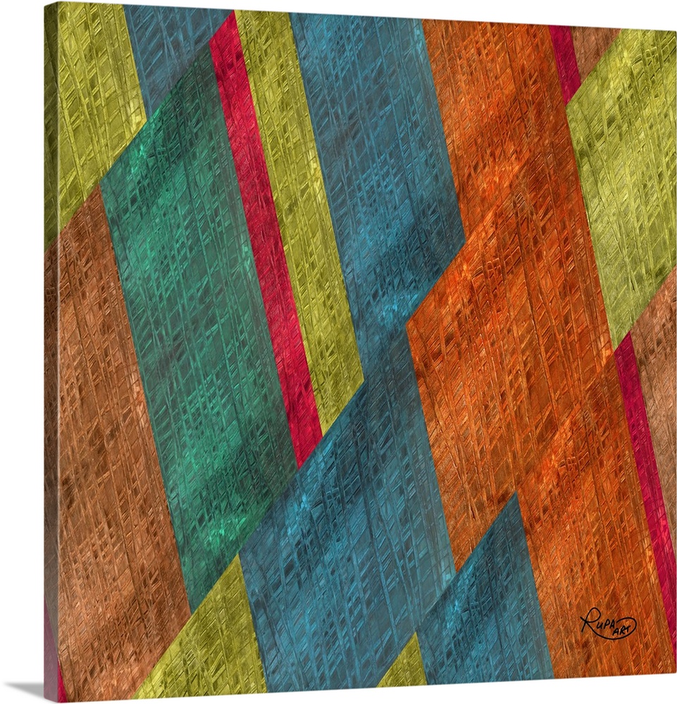 Square abstract artwork in shades of orange, blue and green in a diagonal striped design.
