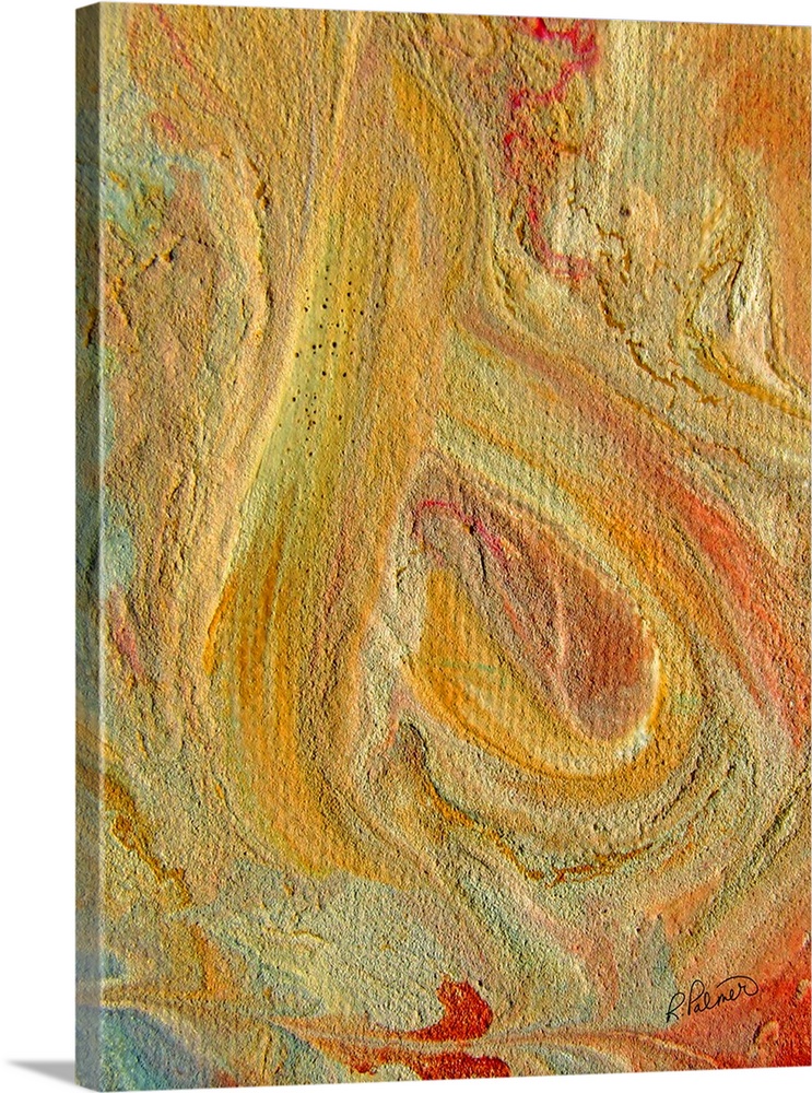 Contemporary abstract painting using swirling pale yellow and orange paint.