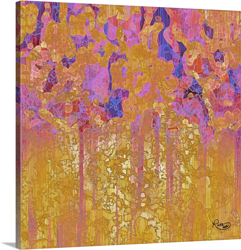 Contemporary abstract artwork of vivid organic shapes in gold and purple.