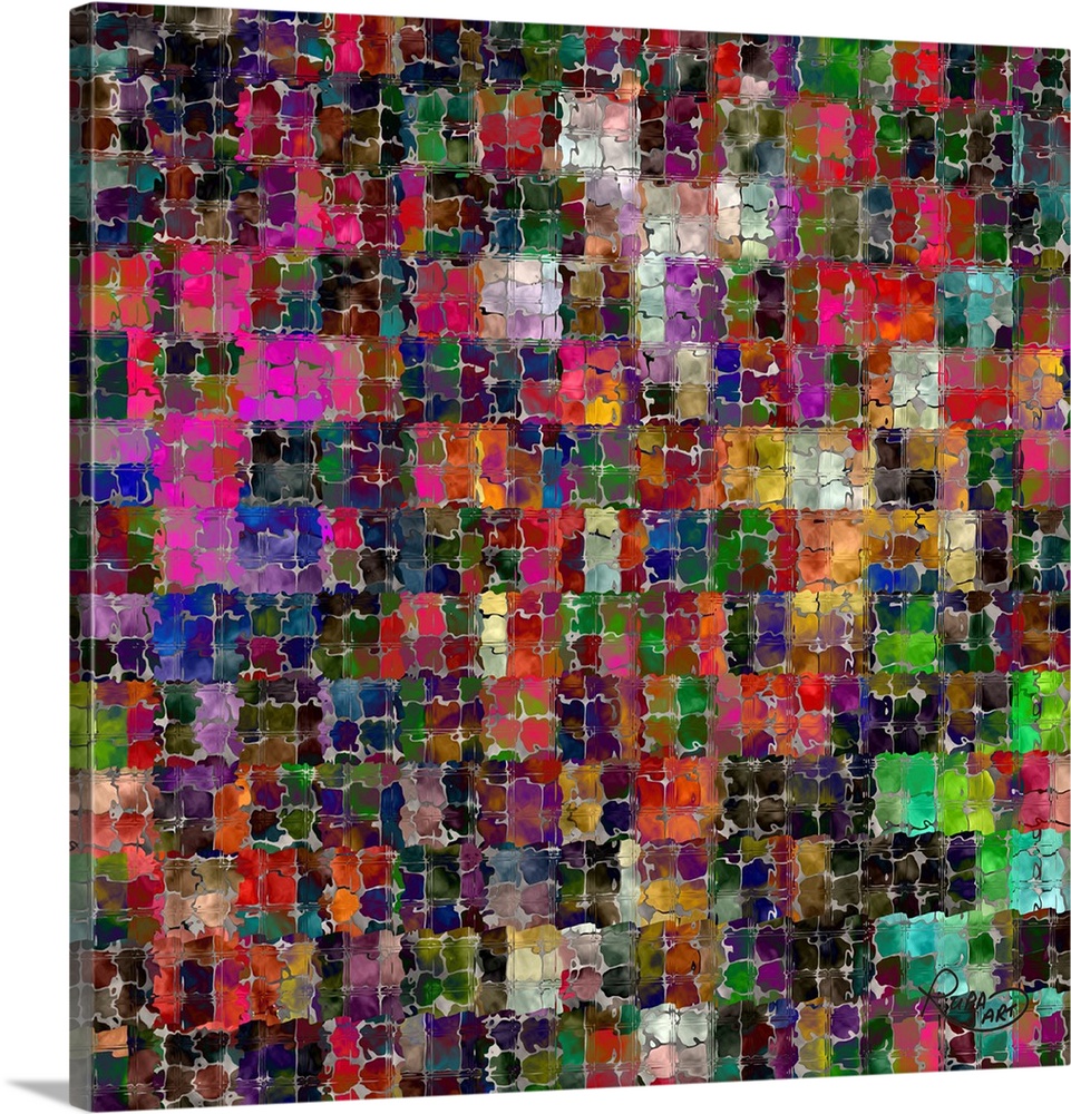Square abstract art with silver squiggly lines making small squares with different colors blended together inside.