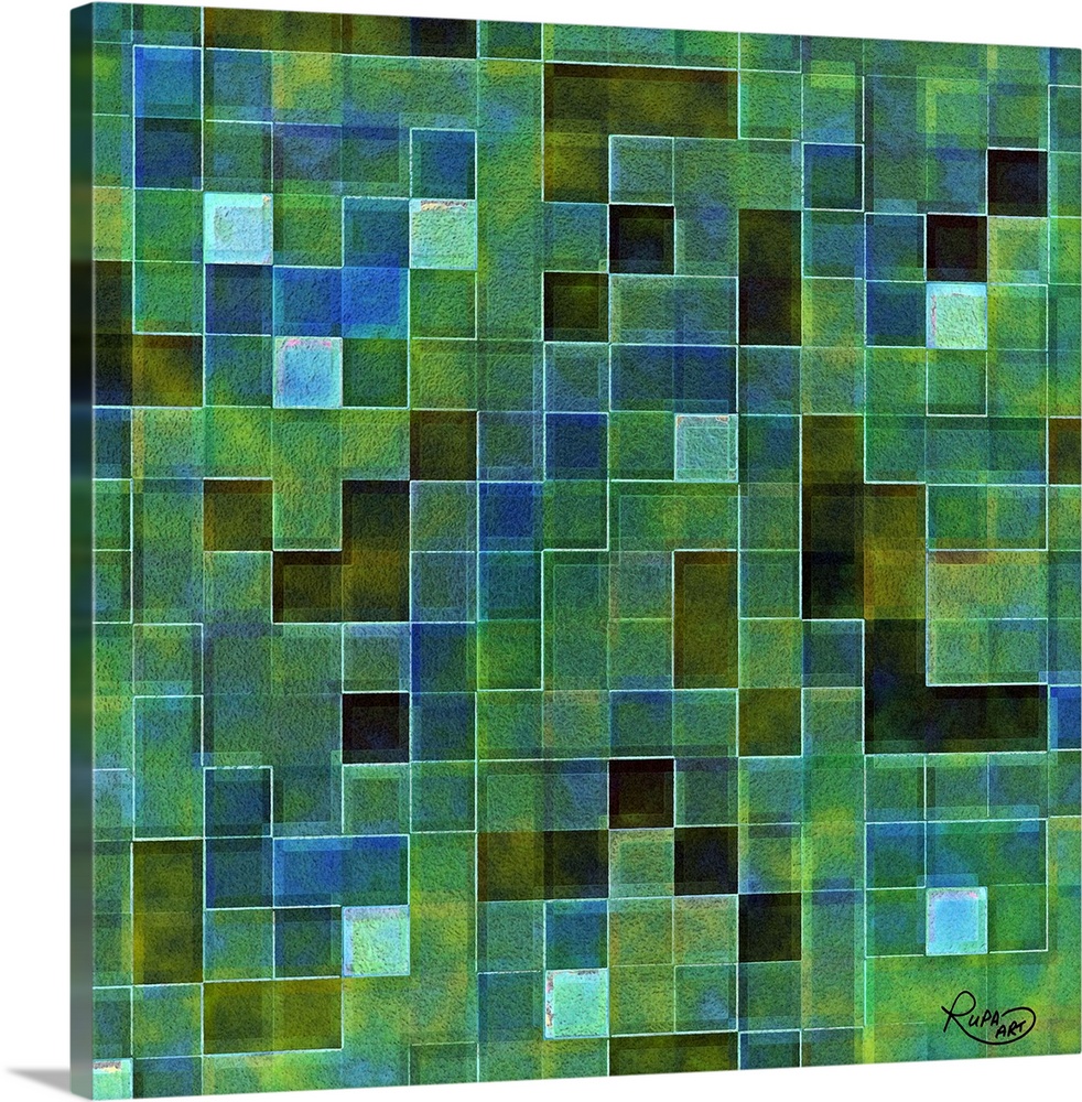 Square abstract art that is made up of green and blue toned squares filled with color creating a tile pattern