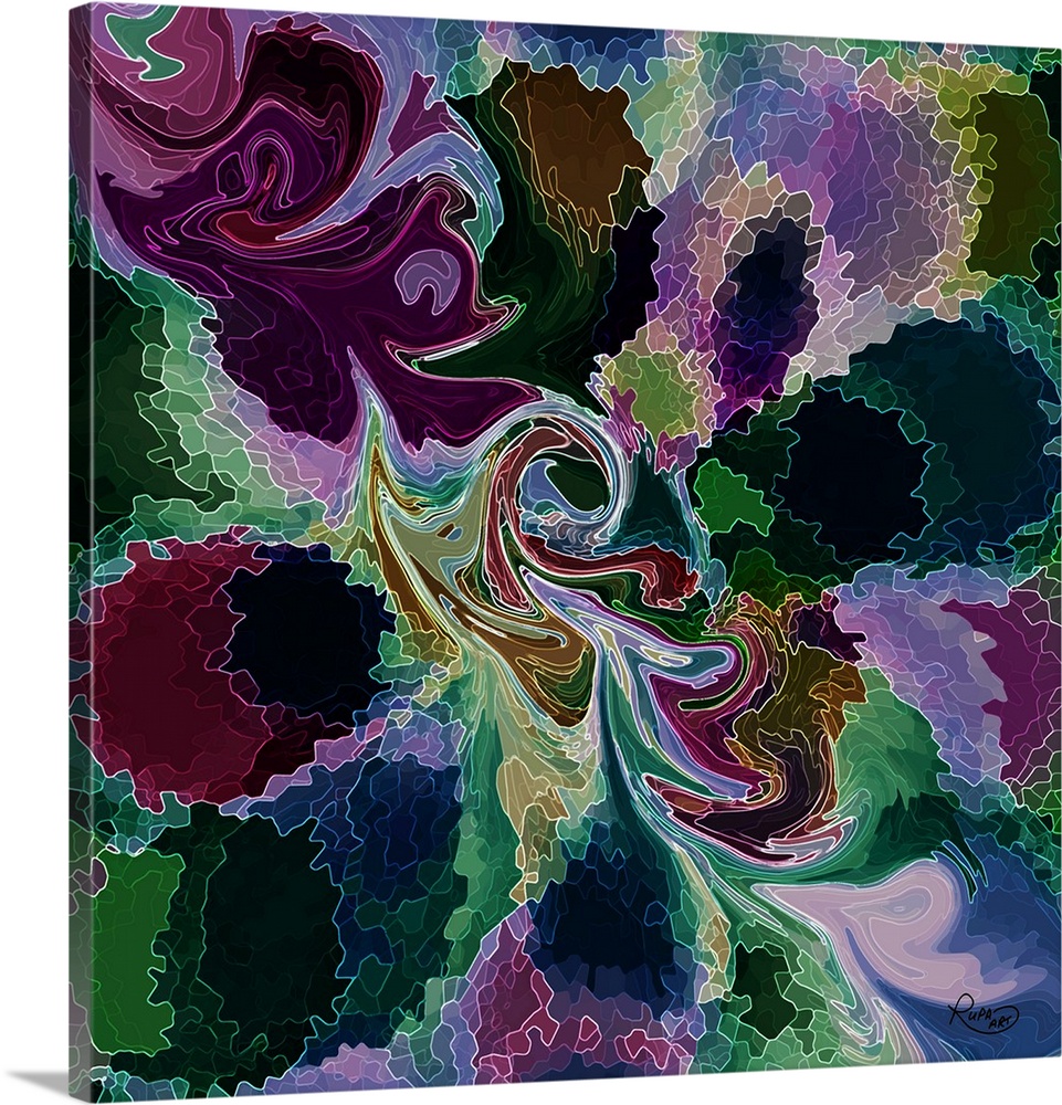 Square abstract art with a busy, intricate, white lined design colored in with a variety of dark colors.