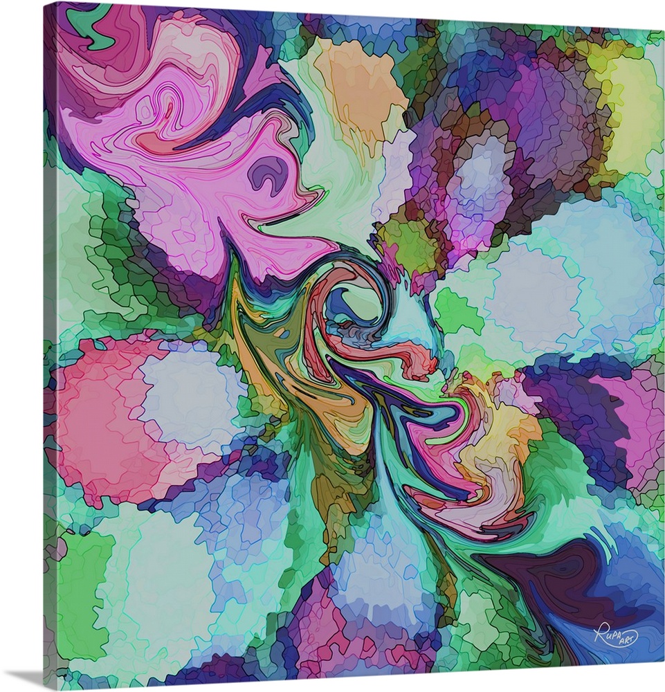 Square abstract art with a busy, intricate, lined design colored in with a variety of colors.