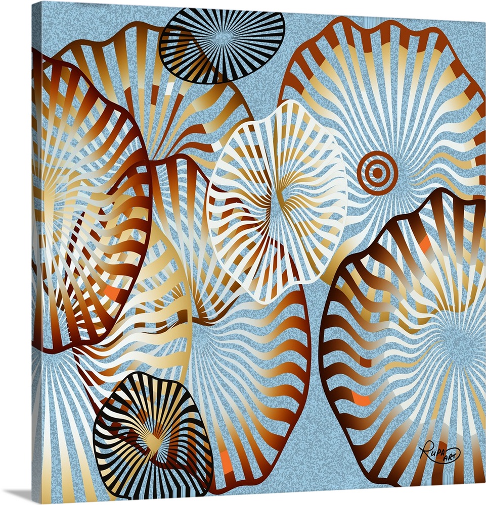 Digital contemporary painting of organic white and brown striped shapes, resembling sea shells.