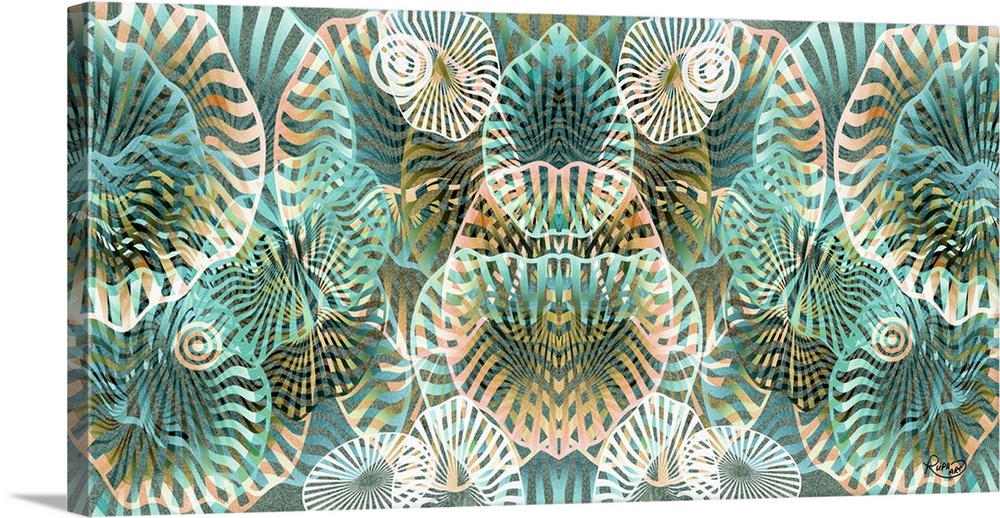 Contemporary digital artwork of striped organic shapes in pale orange and sea green.