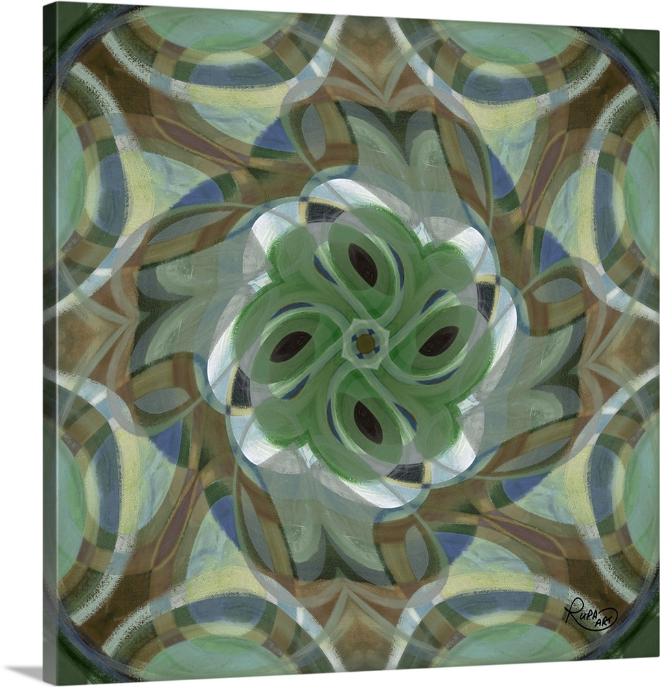Square abstract painting in a spirograph design in shades of green and brown.