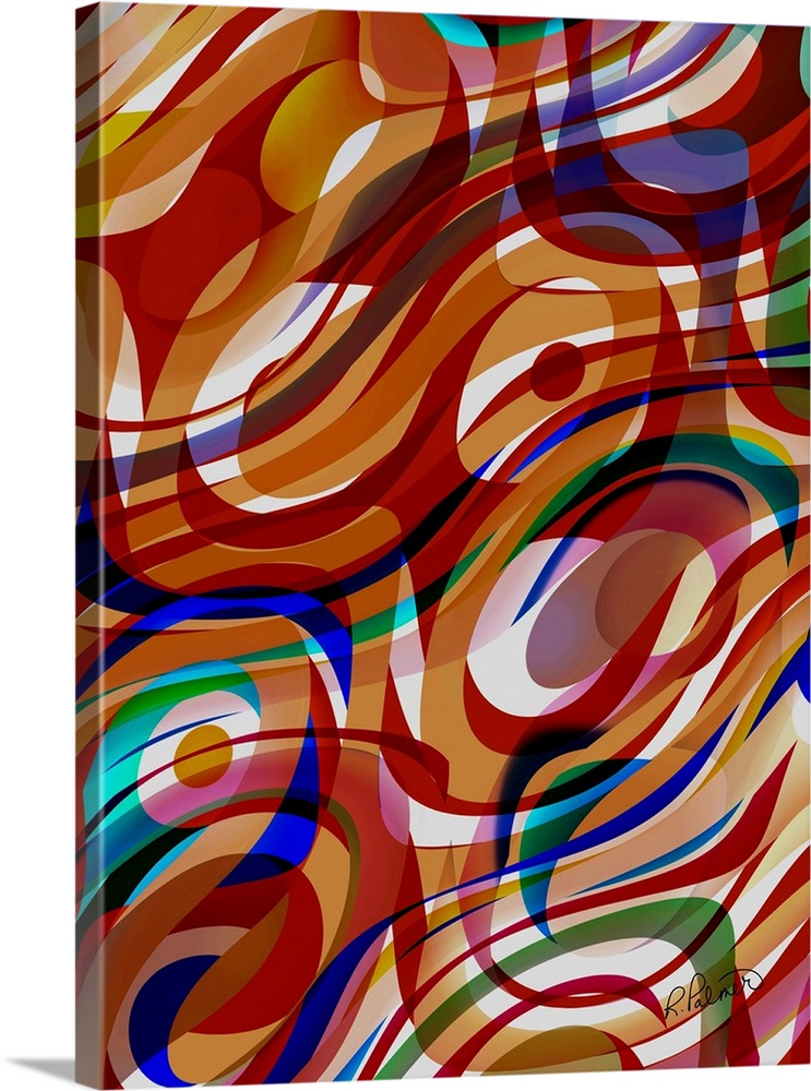 A modern design of swirled ribbons of colors overlapping with circle and crescent shapes.