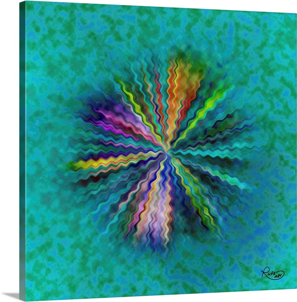 Square abstract art with a wavy, colorful, lines forming together to create a bursting circle on a green and blue background.