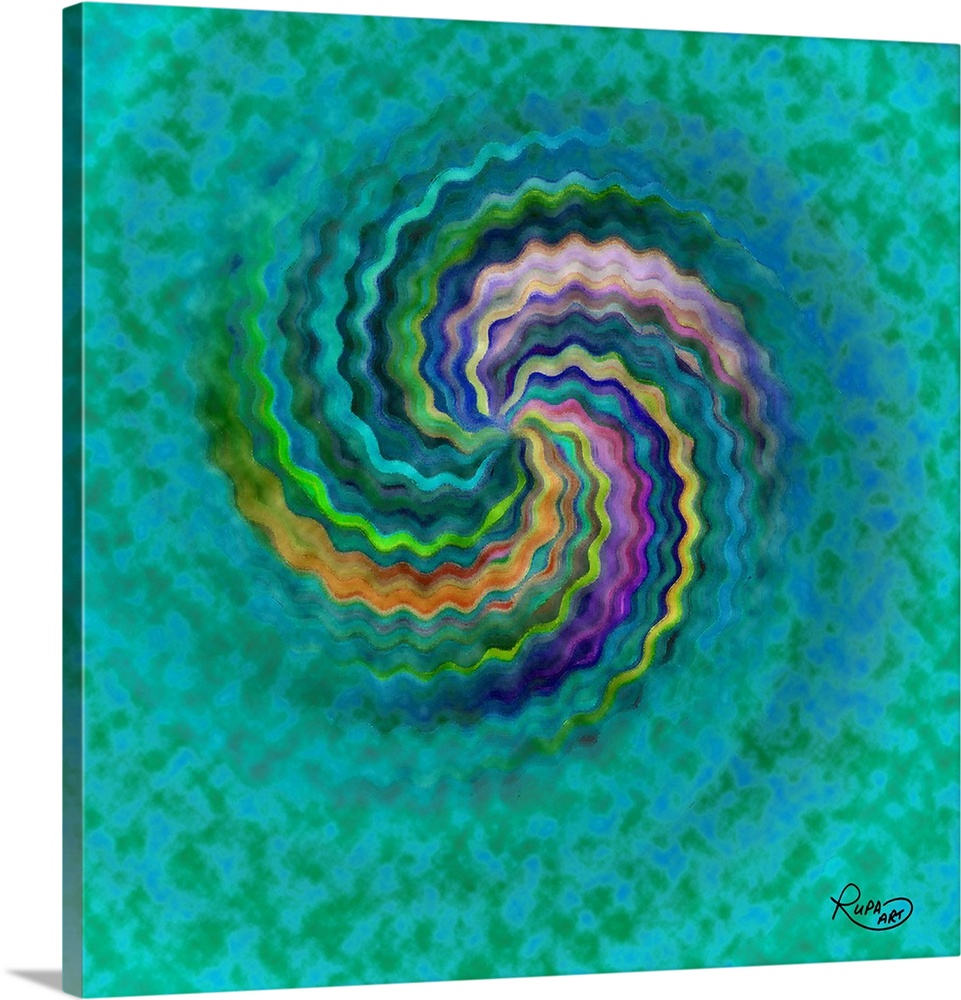 Square abstract art with a wavy, colorful, lines forming together to create a spiral on a green and blue background.