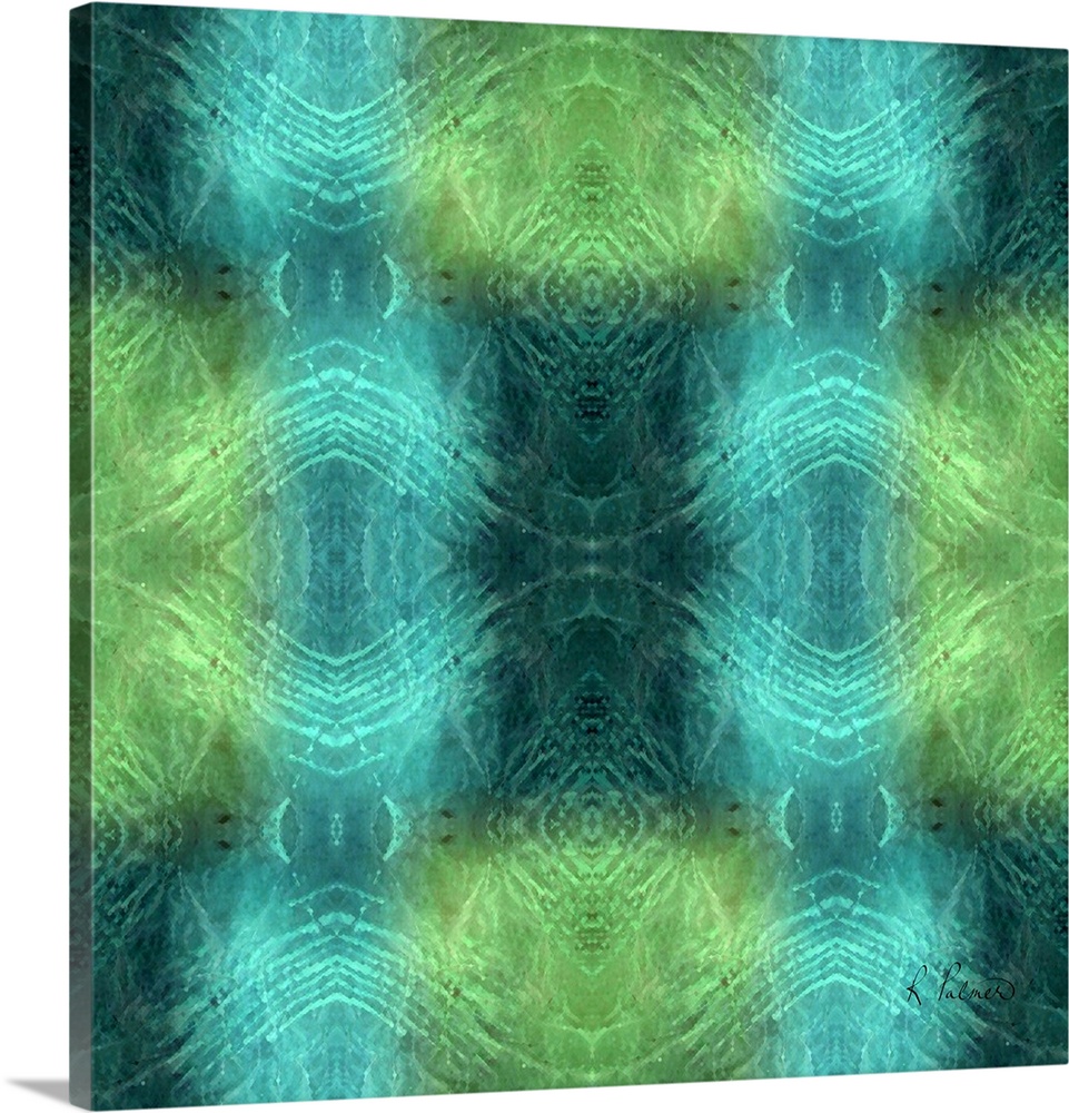 Contemporary abstract painting using blue and green kaleidoscope type images.