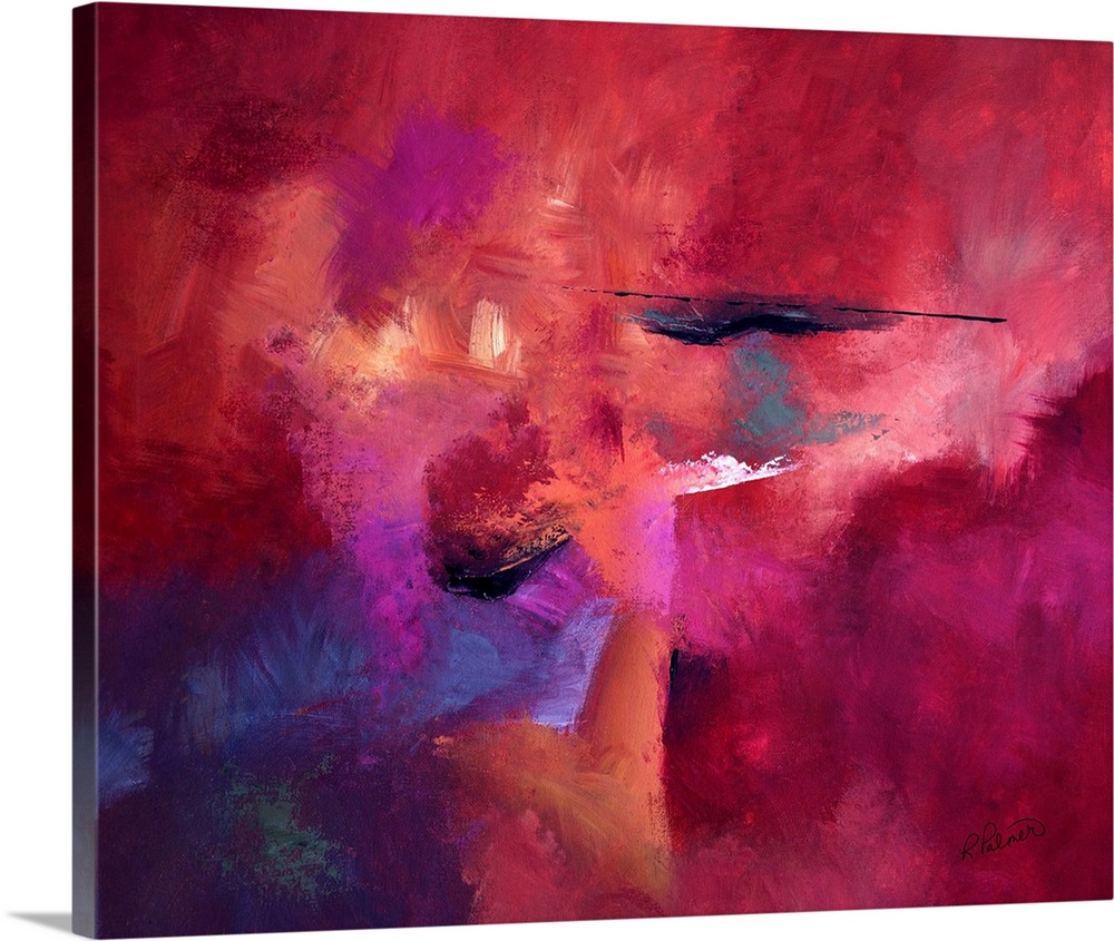 Abstract painting with powerful and bright pink and red hues with hints of purple and black layered on top.