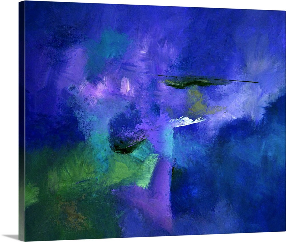 Abstract painting with powering blue hues with hints of purple, green, and black layered on top.