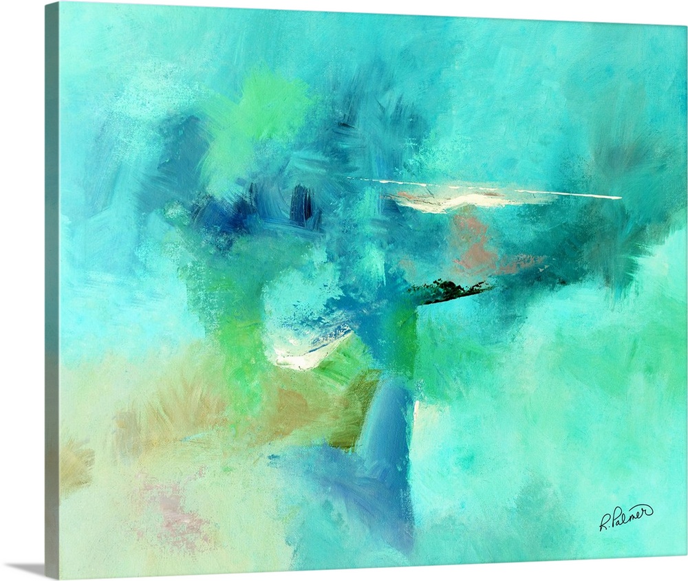 Abstract painting created with shades of green and blue hues and hints of brown, black, and white.
