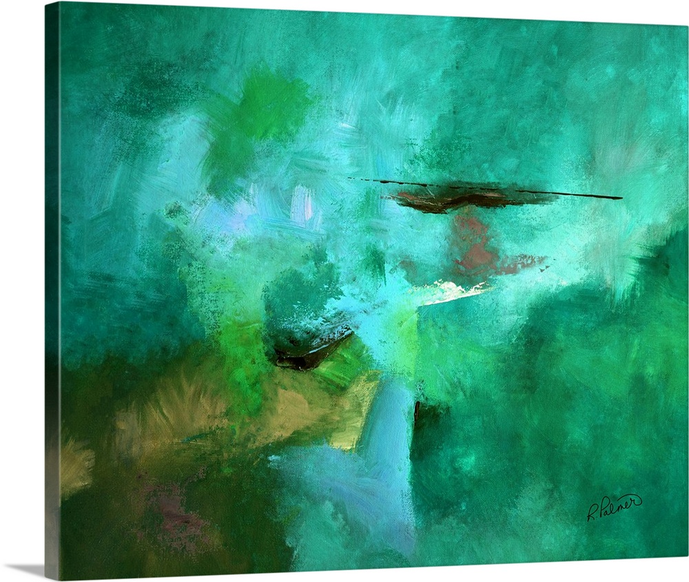 Abstract painting with powerful teal hues throughout and hints of green, tan, and black layered on top.