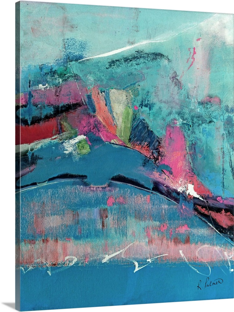 Abstract contemporary artwork in turquoise tones with pink elements.