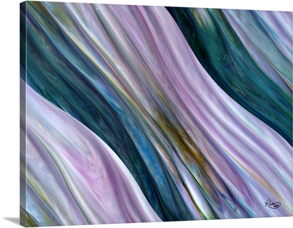 Horizontal artwork in the style of folds of fabric in gradation of purple, blue and green.