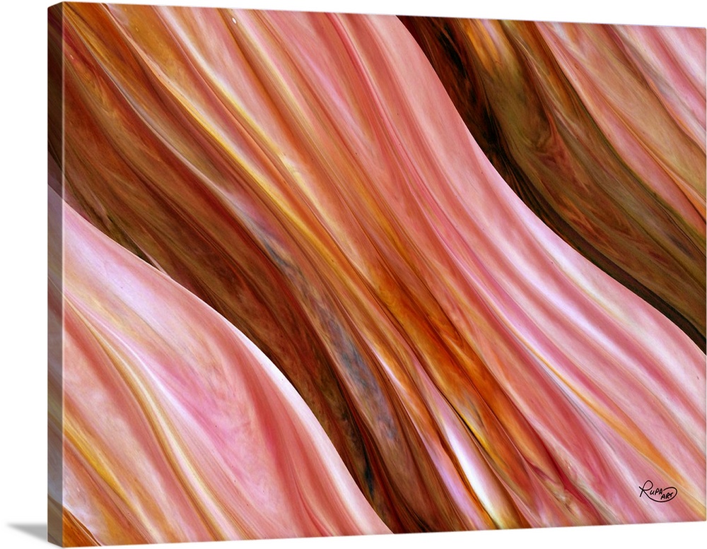 Horizontal artwork in the style of folds of fabric in gradation of pink, orange and yellow.