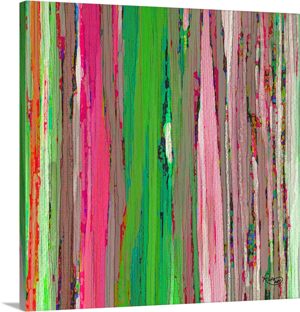 Square abstract art with cracked, brightly colored, vertical lines side by side.