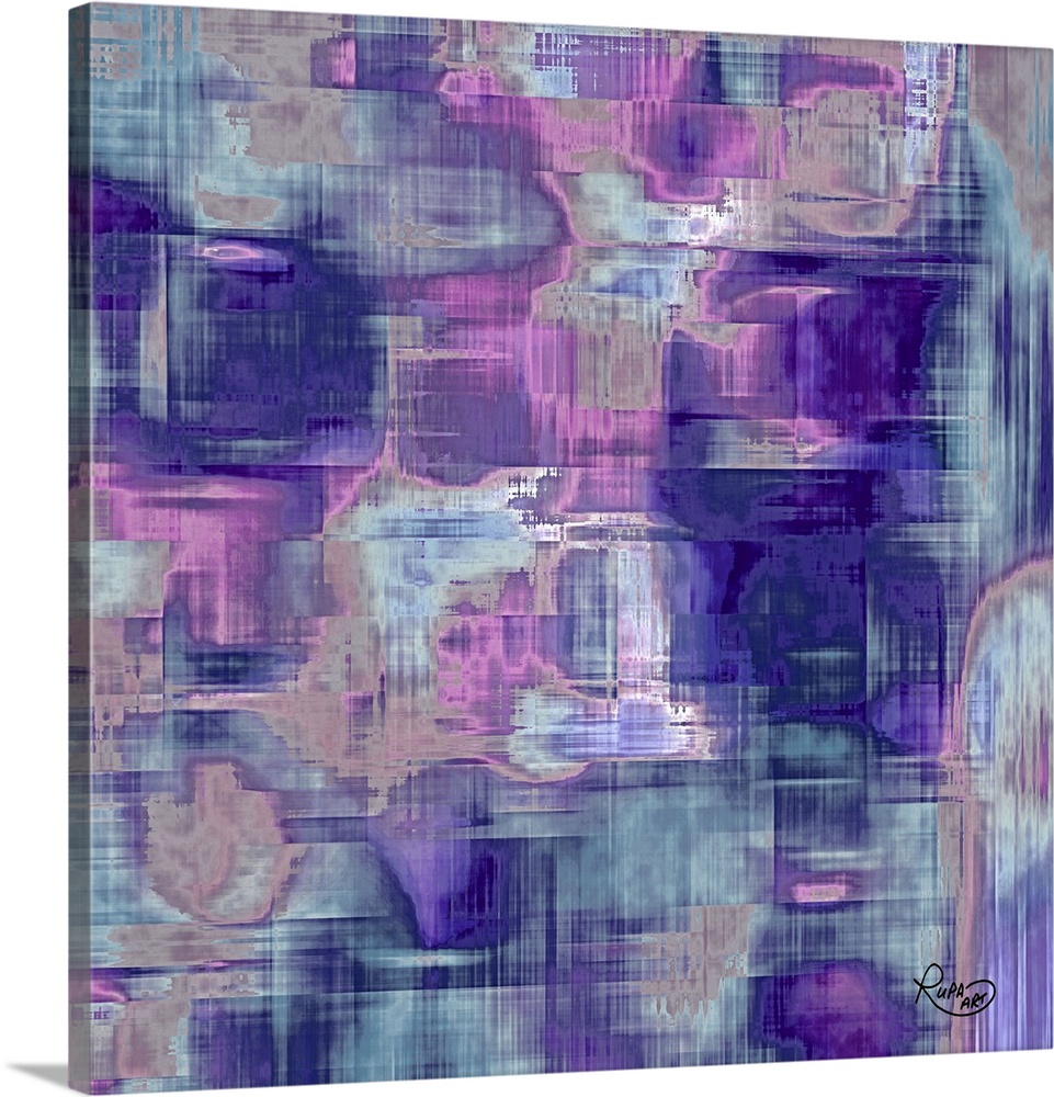 Large abstract art with blue, gray, and purple hues.