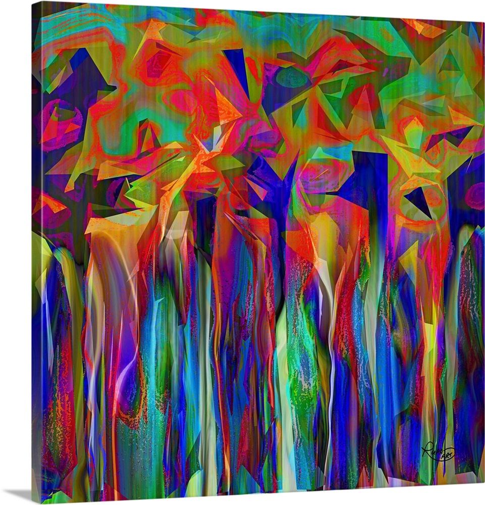 Contemporary digital art in neon rainbow colors, resembling an abstract forest.