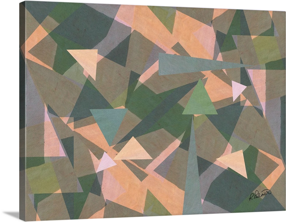 Geometric abstract painting with triangles and other pointy shapes meshed together in shades of pink, orange, blue, green,...