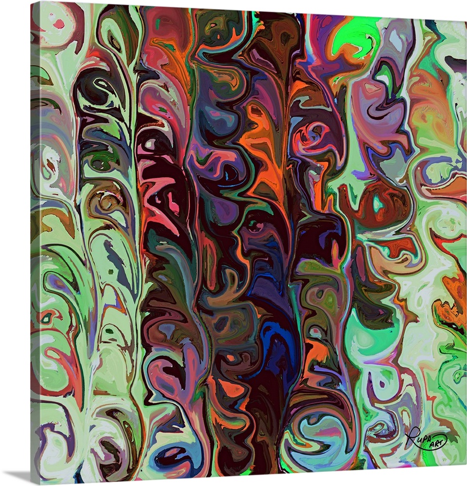 Square abstract art with vertical wave-like patterns of various colors meshed together.