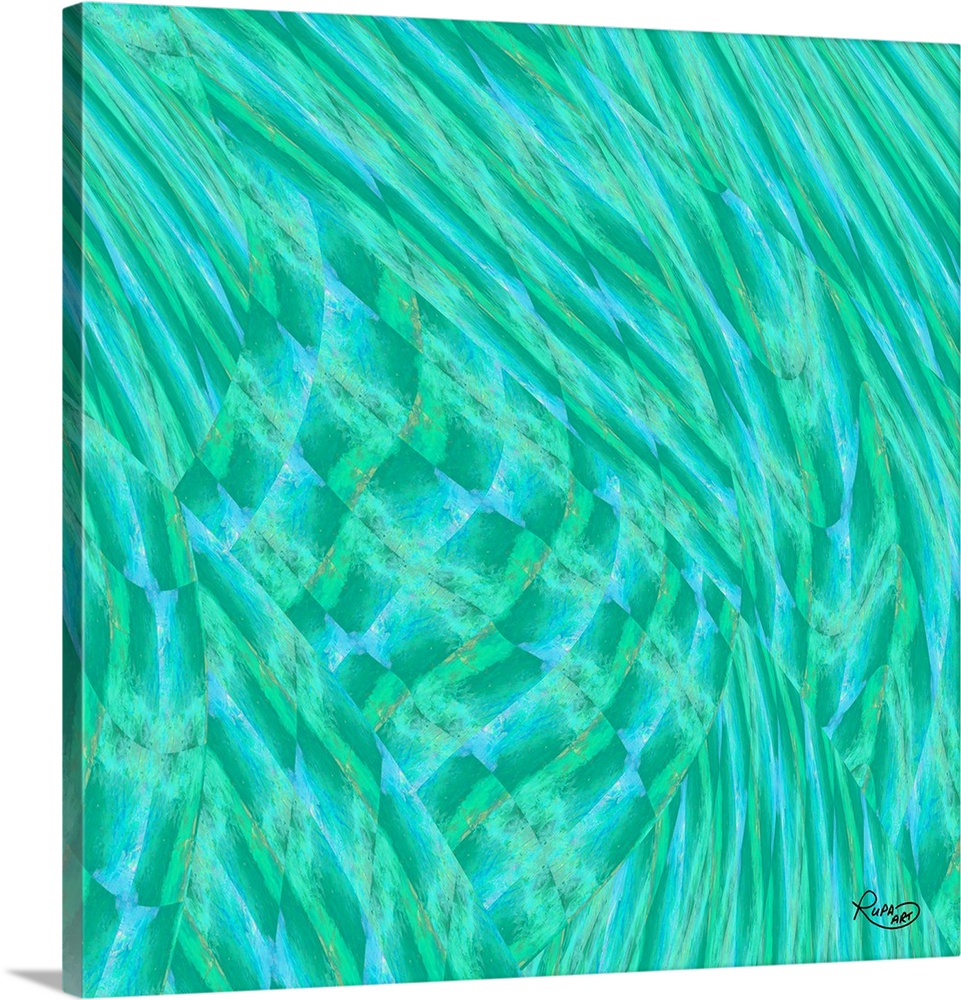 Square abstract painting in textured brush strokes of blue and green.