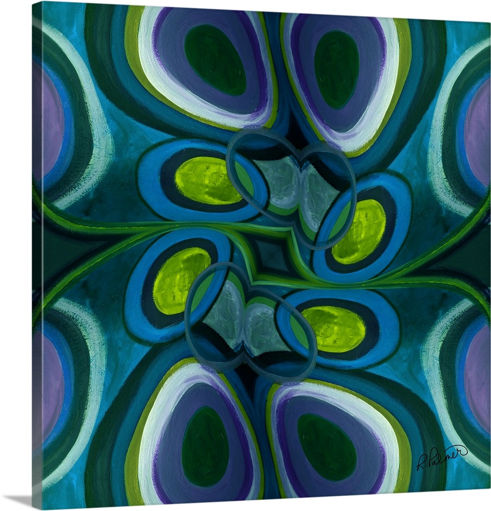 Square abstract painting with circular style shapes in shades of blue, green and purple.