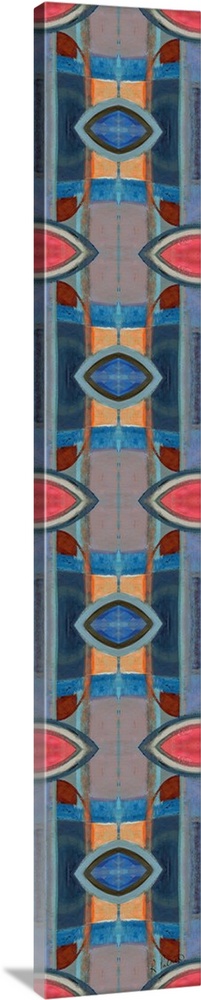 Large symmetrical painting with oblong shaped designs in shades of blue, orange, and pink.