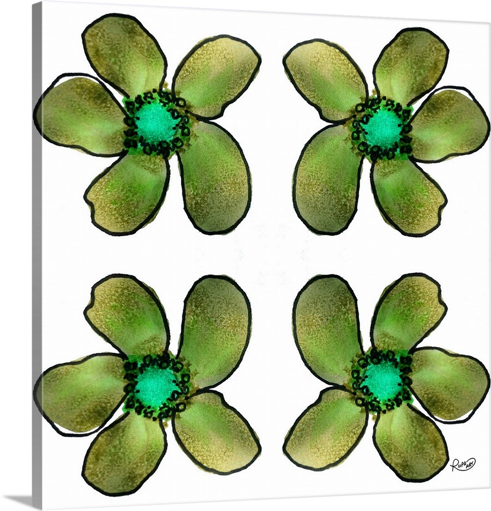 Square watercolor painting of four green flowers.
