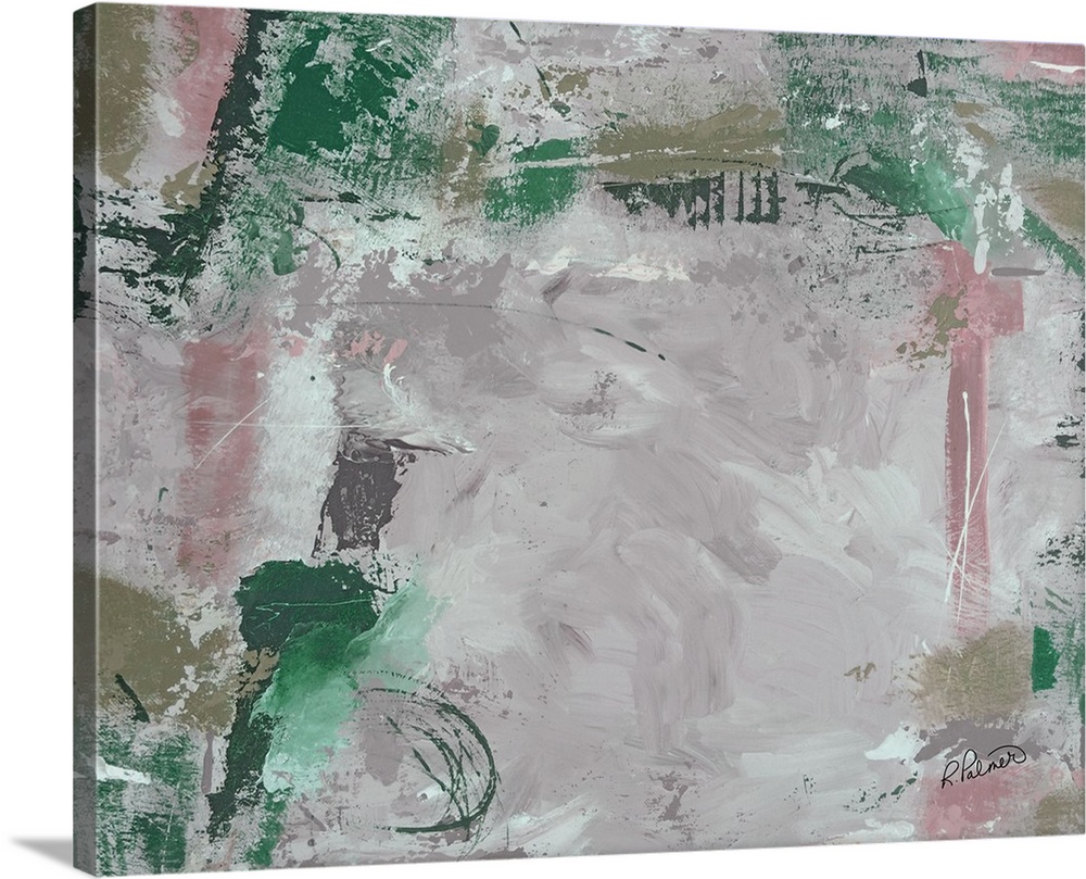 Abstract painting with muted hues of green, pink, purple, and grey.