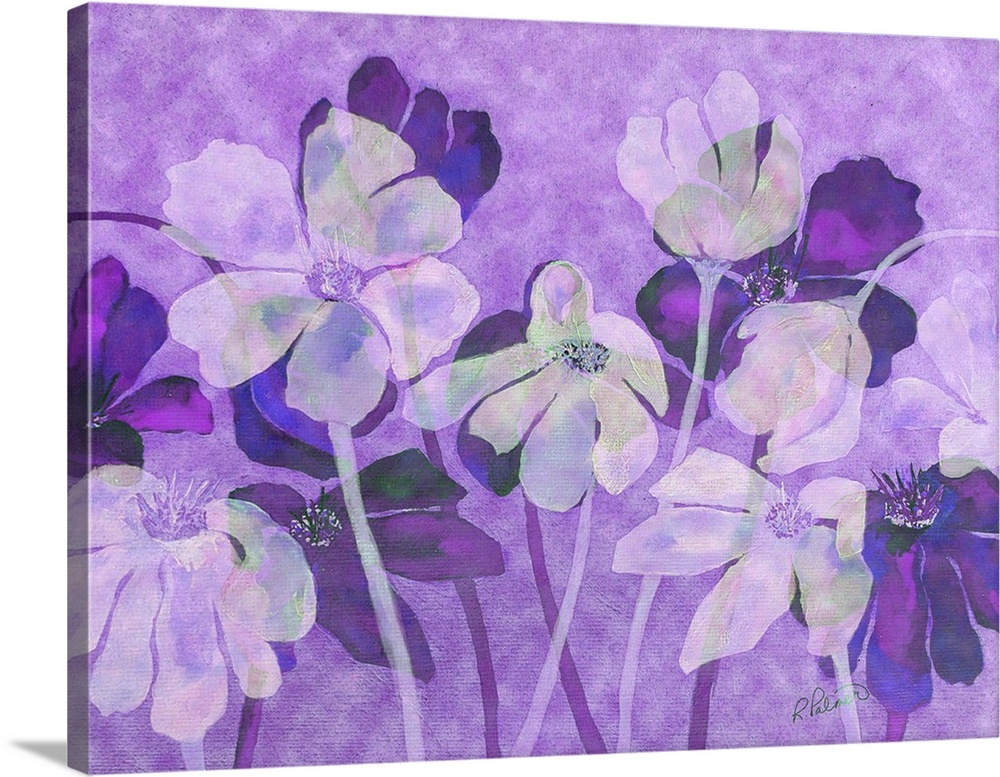 A horizontal image of a group of flowers in varies shades of purple.