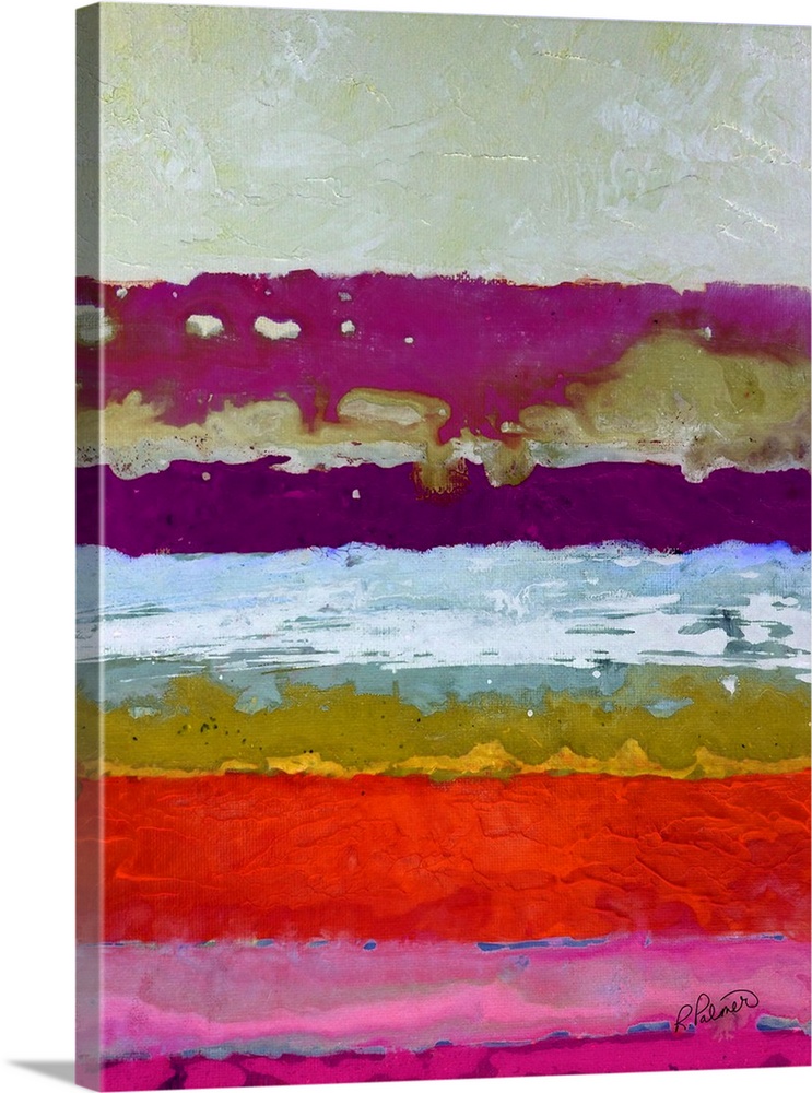 Bright abstract painting with thick horizontal brushstrokes in shades of pink, purple, blue, yellow, green, and white.