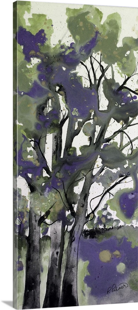 Tall panel abstract painting resembling trees with black and gray trunks and purple and green bushy leaves and grass.