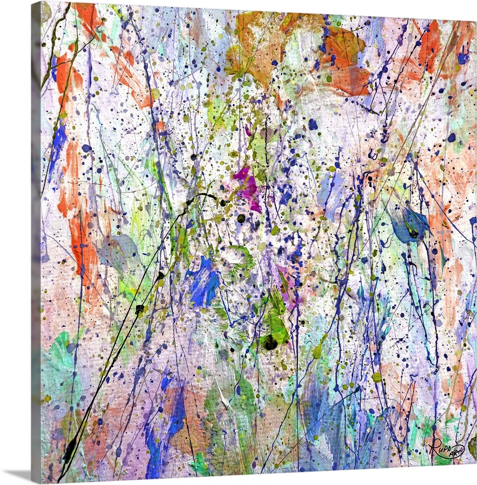 Modern square painting in an abstract expressionist style over pastel colors such as purple, green and peach.