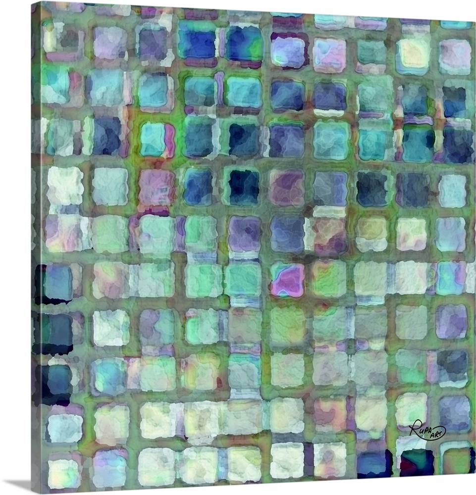 Square abstract art that has a cool toned square pattern creating a tiled look.