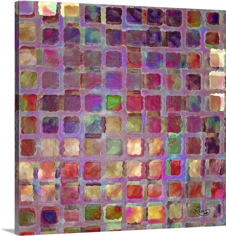 Square abstract art that has a warm toned square pattern creating a tiled look.