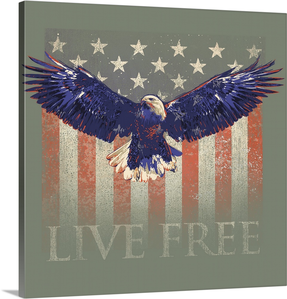 "LIVE FREE" with a bald eagle in flight and an American flag.