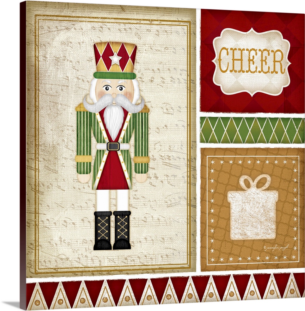 Holiday themed home decor artwork of a nutcracker in a tiled square.