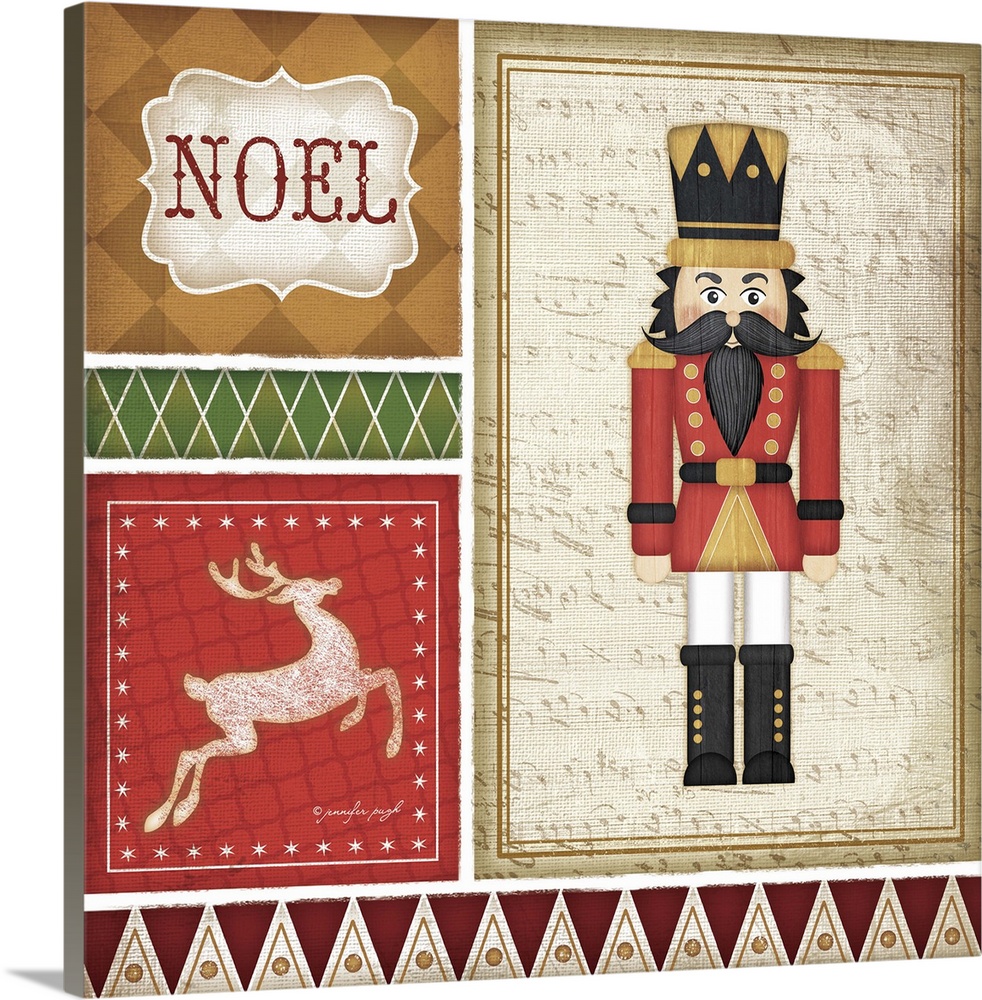 Holiday themed home decor artwork of a nutcracker in a tiled square.