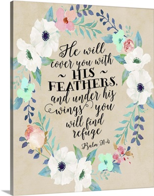 Psalm 91:4 Wreath Teal And Pink W- Beige Background