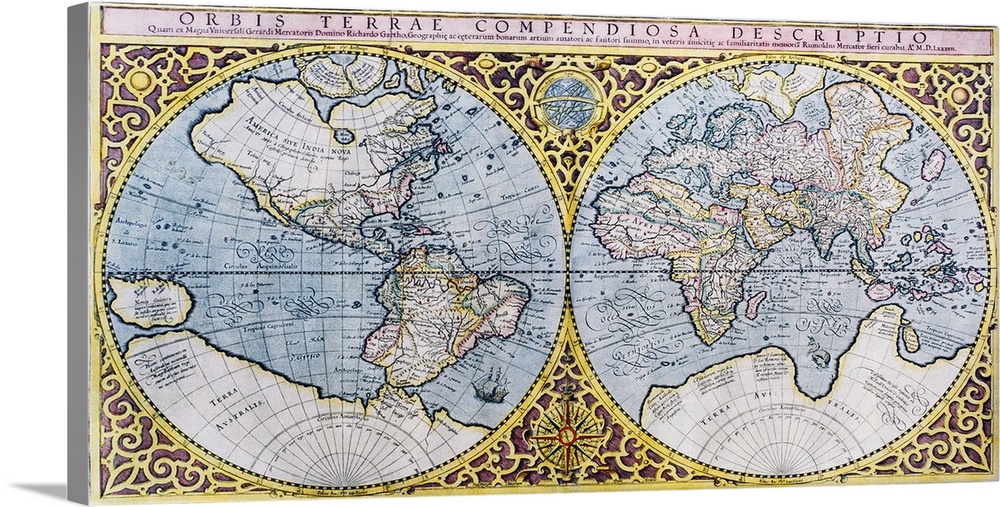 World map. 16th century Dutch map of the western (left) and eastern (right) hemispheres of Earth. This shows the New World...