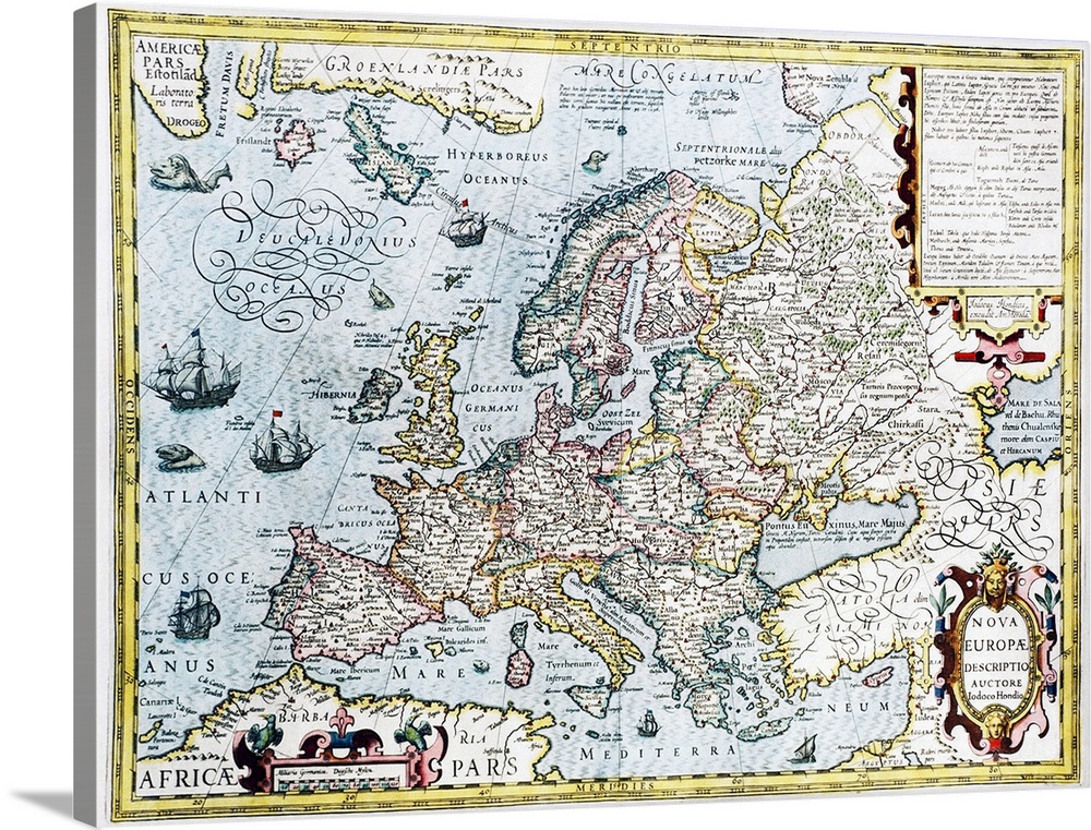 Europe, 17th century Dutch map. The known lands of Europe are accurately mapped, but the Arctic lands at top left are stil...