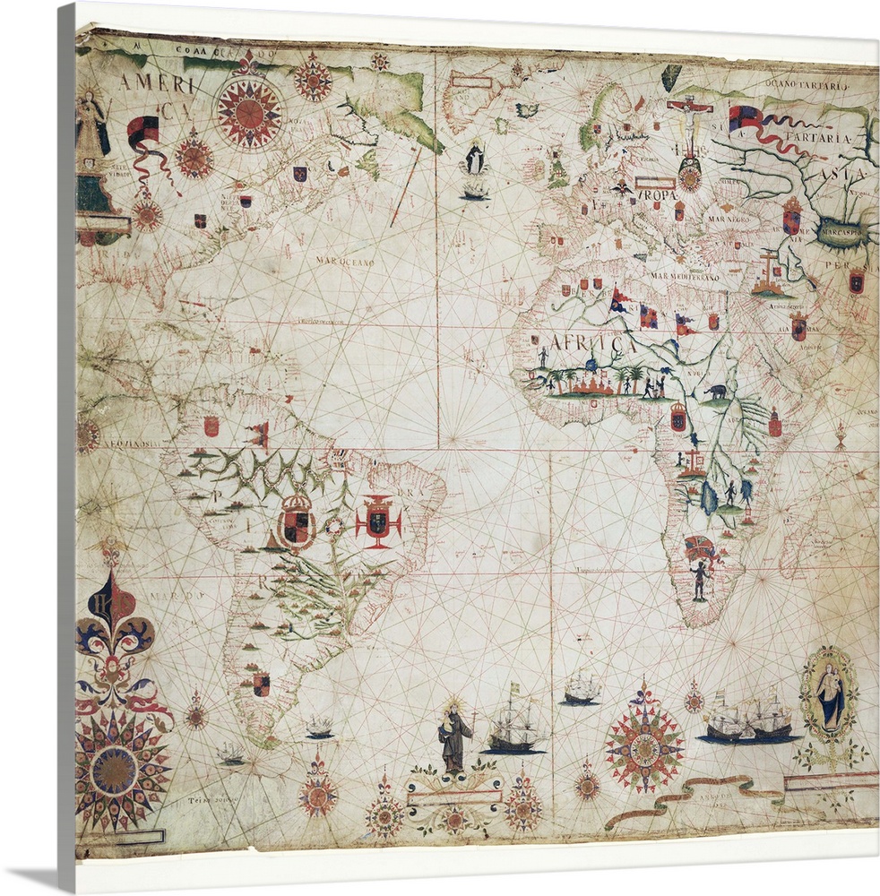17th Century nautical map of the Atlantic Ocean. Historical portolan chart showing the Atlantic Ocean and adjacent contine...