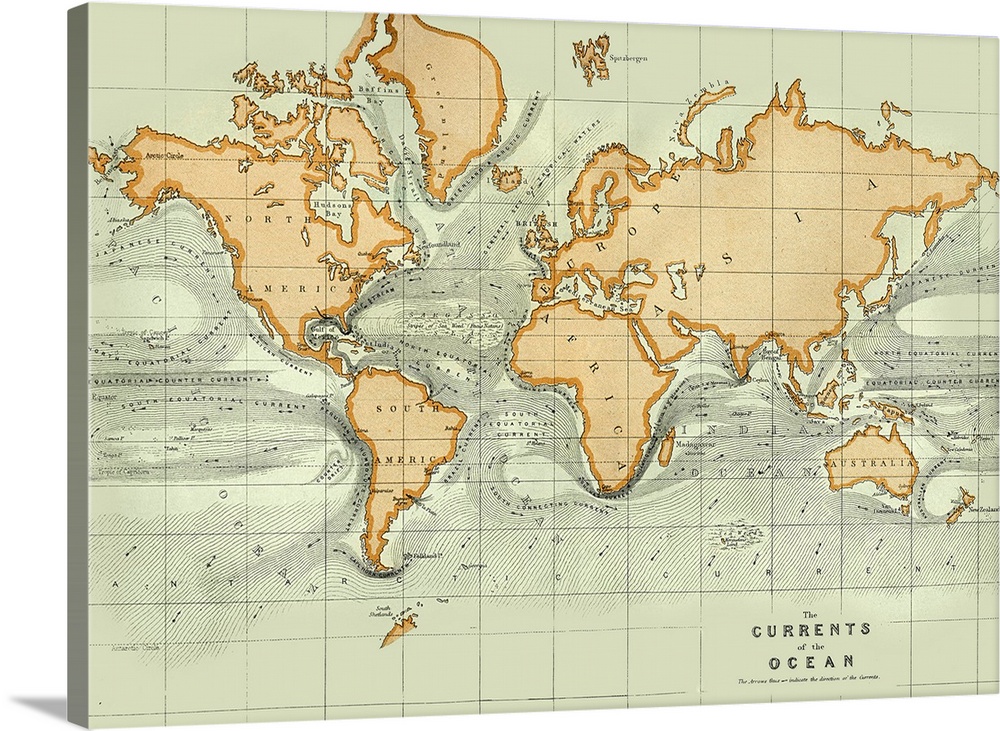 Map of ocean currents. The direction of the currents is marked by arrows. There are 17 major surface ocean currents. They ...