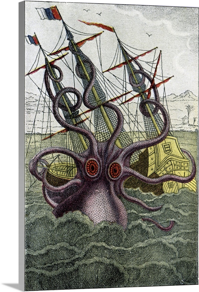 16th Century French engraving. Historical coloured print of a mythical giant squid (Kraken) attacking a ship, from 'Histoi...