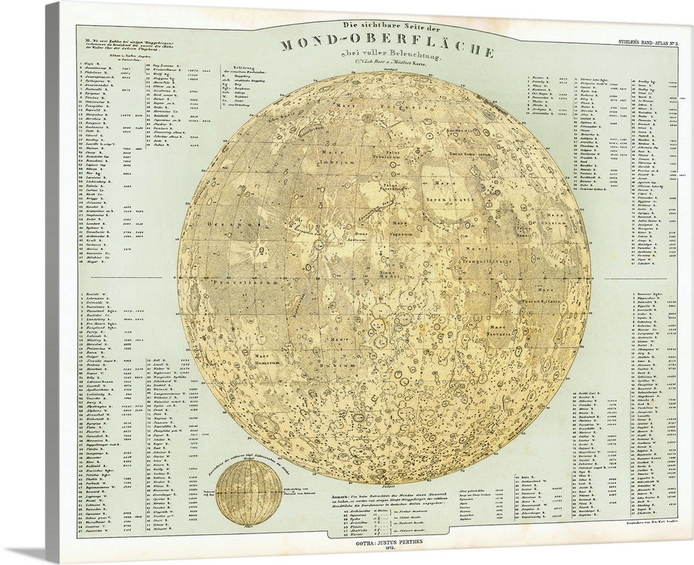 Map of the Moon. Published in 1872, this lunar map uses the work of the German astronomers Wilhelm Beer (1797-1850) and Jo...