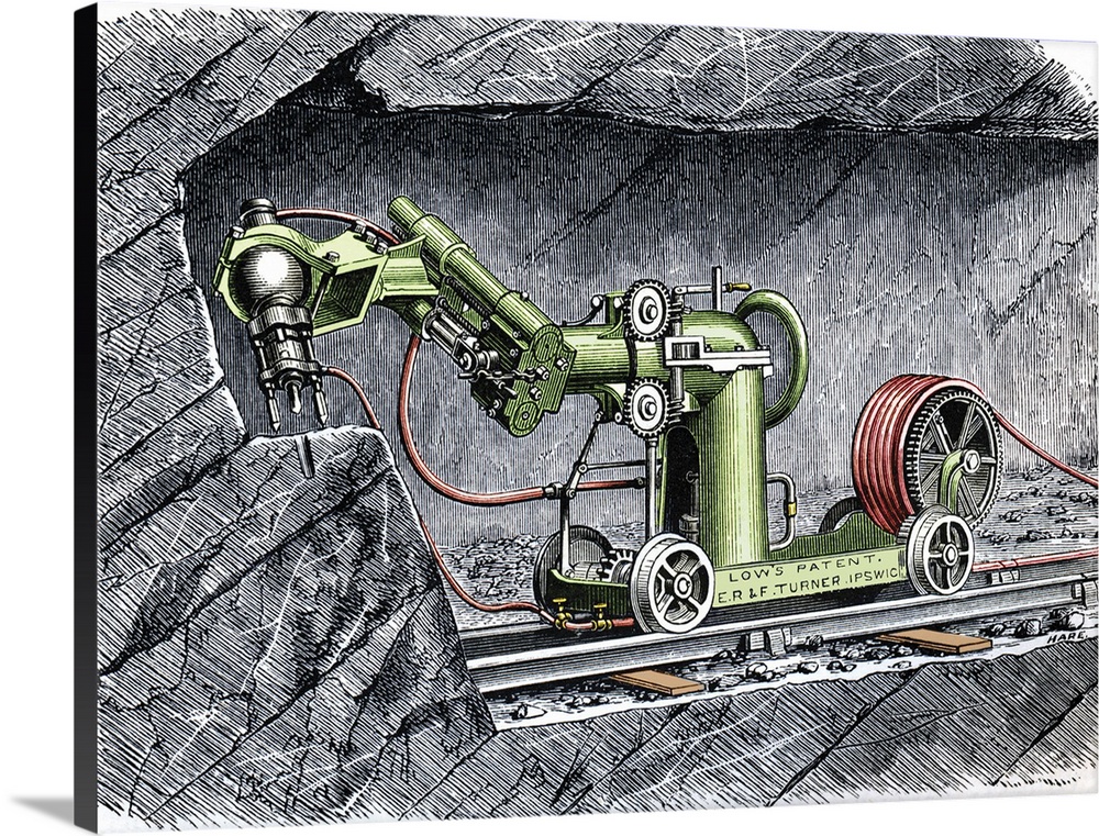 19th-century mining machine. Artwork of the rock- boring machine invented and patented by George Low and manufactured by E...