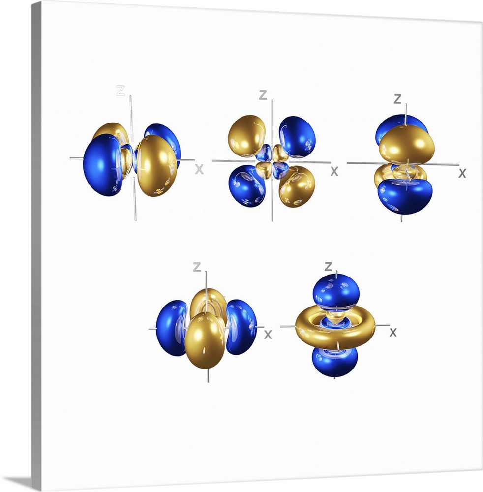 4d electron orbitals, computer model. An electron orbital is a region around an atomic nucleus (not seen) in which one or ...