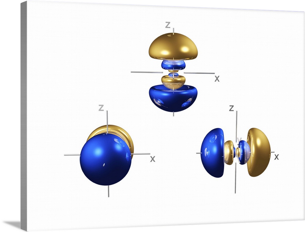 4p electron orbitals, computer model. An electron orbital is a region around an atomic nucleus (not seen) in which one or ...